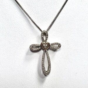 Zales 1/4 CT Solid 925 Sterling & 14k Two Tone heart diamond Cross Necklace